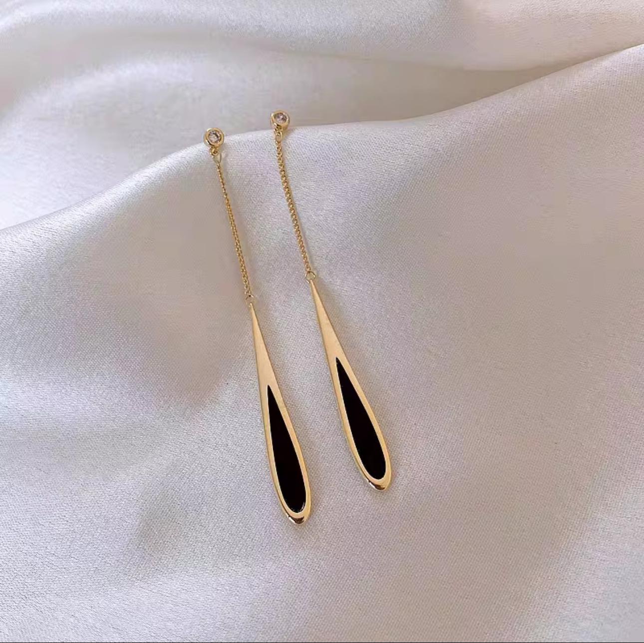 Minimalist Gold Drop Earrings with Black Enamel Accent
