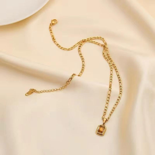 18K Gold Plated Stainless Steel Blue-green Champagne Colour Zircon Hip Hop Necklace