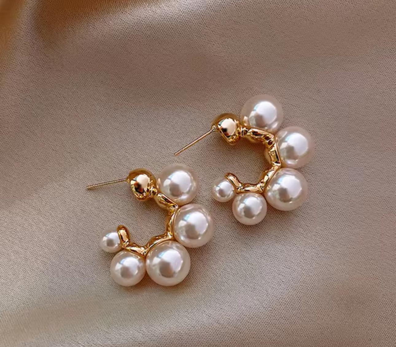 Cluster Pearl Hoop Earrings