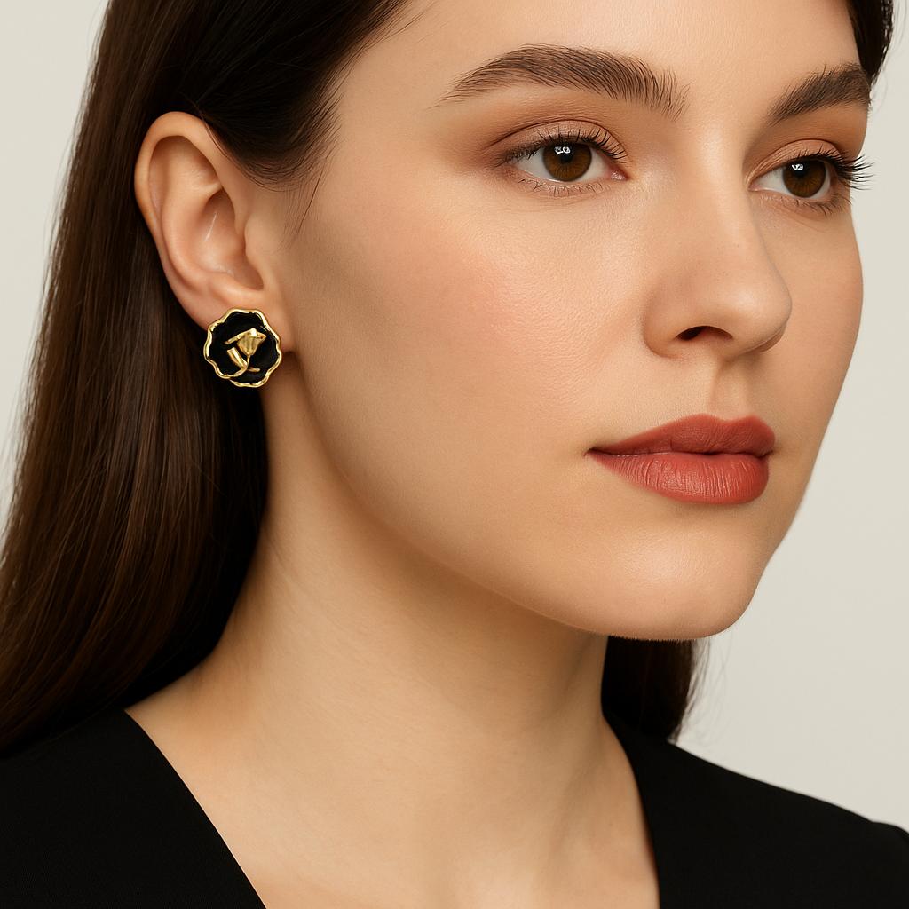Black Enamel Rose Bloom Earrings