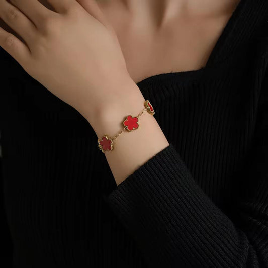 18K Plated Gold Green White Black Red Five Leaf Lucky Bracelet