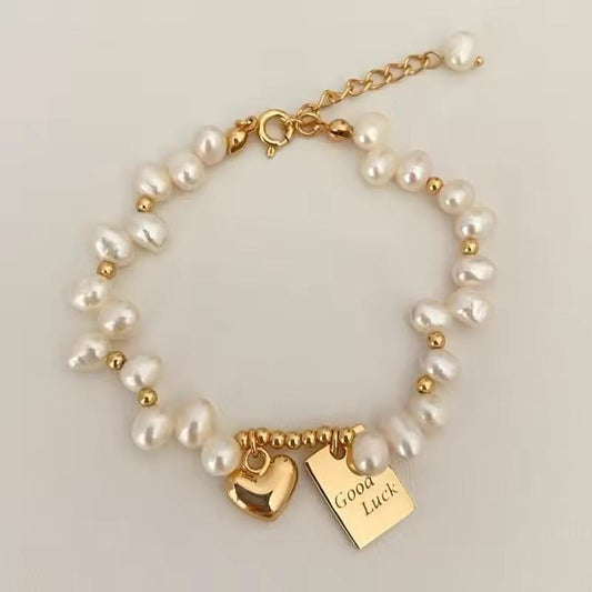 18K Plated Gold Pearl Lucky Heart Pendant Beaded Bracelet