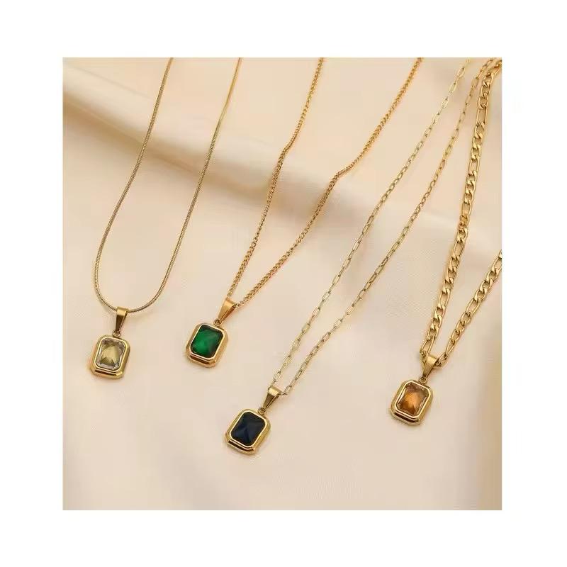 18K  Gold Plated Stainless Steel Blue-green Champagne Colour Zircon Hip Hop Necklace