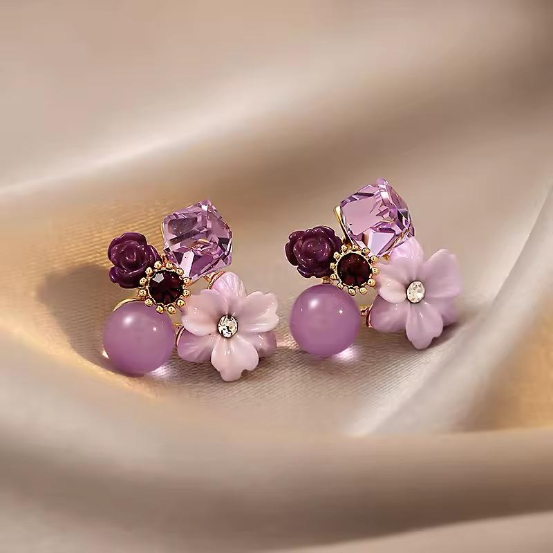 18K Gold Plated Purple Colour Opal Crystal Flower Stud Earrings