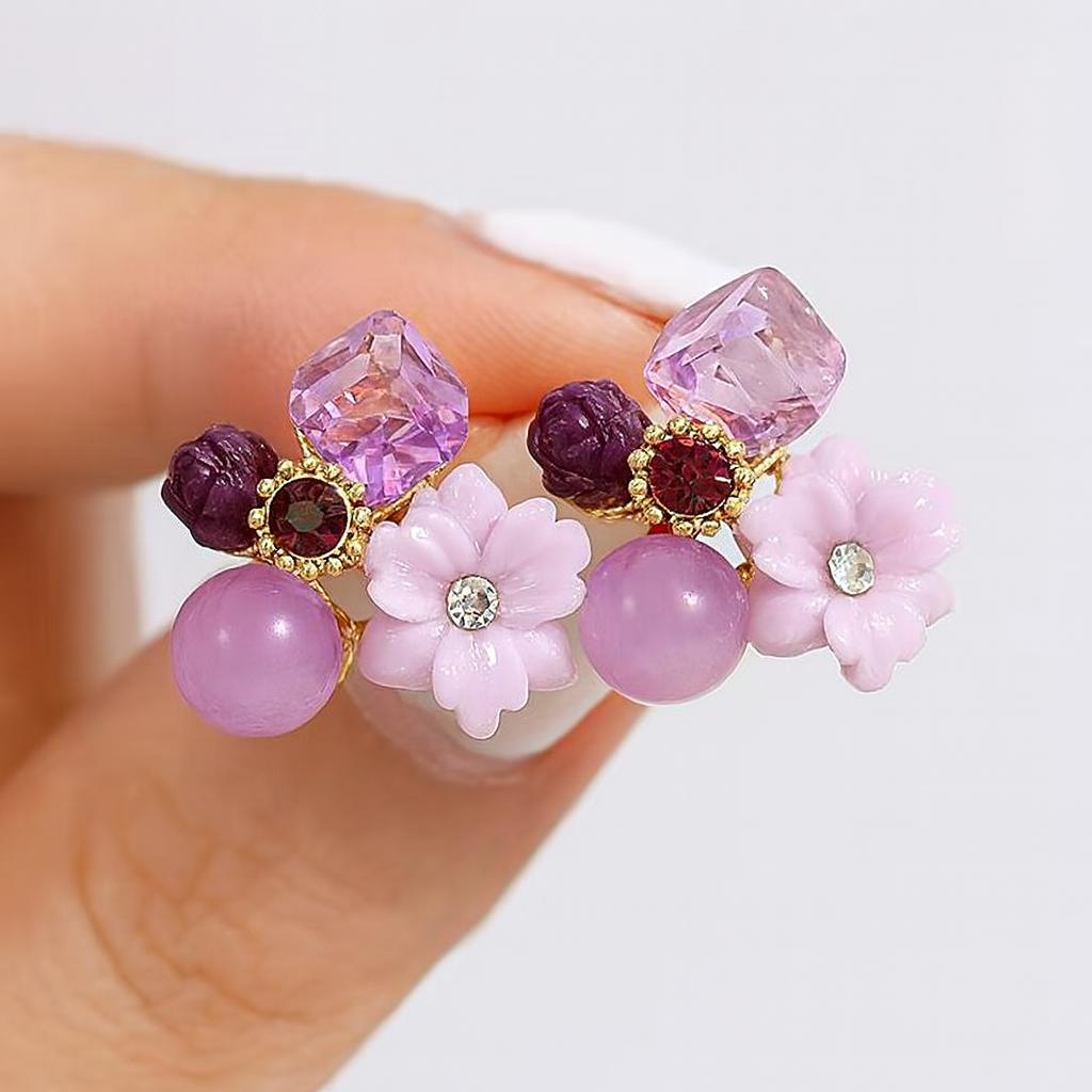 18K Gold Plated Purple Colour Opal Crystal Flower Stud Earrings