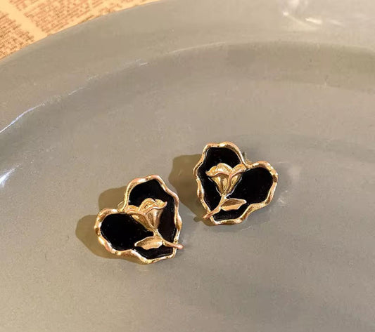 Black Enamel Rose Bloom Earrings