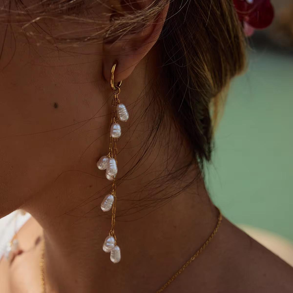 Gold Chain Drop Earrings with Freshwater Pearl Charms