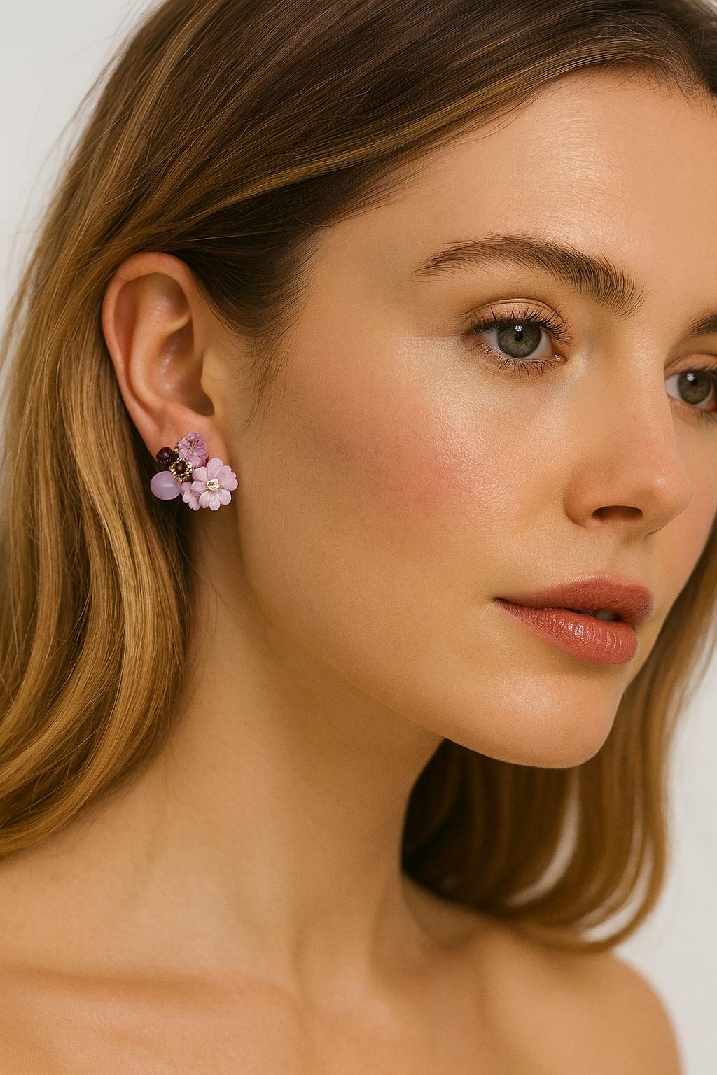 18K Gold Plated Purple Colour Opal Crystal Flower Stud Earrings